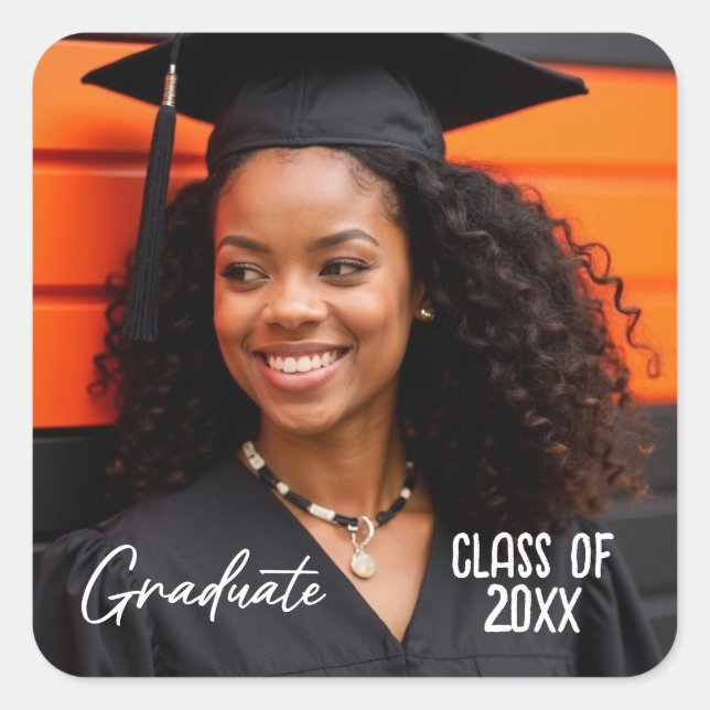 Custom Graduate Photo Class Year Script Square Sticker (Front)