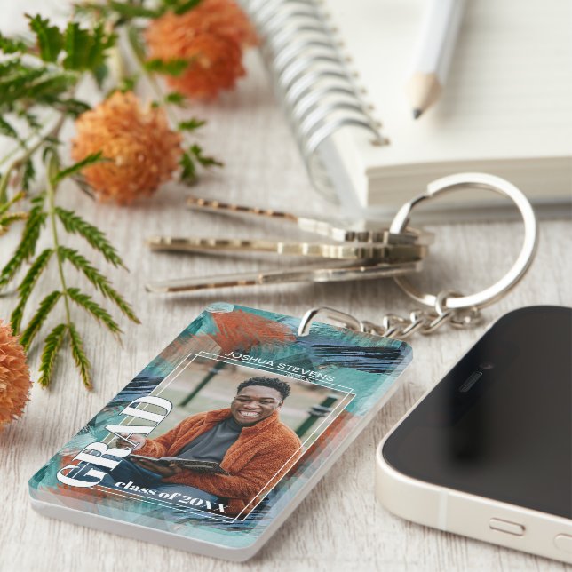 Custom Graduate Photo On Abstract Art Pattern Key Ring (Front Right)