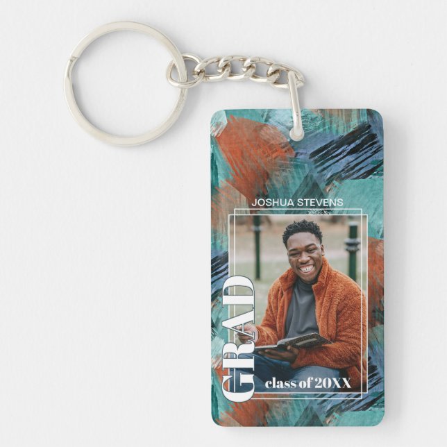 Custom Graduate Photo On Abstract Art Pattern Key Ring (Front)