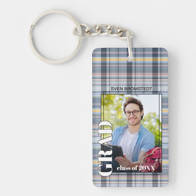 Custom Graduate Photo On Gingham Pattern Key Ring (Front)