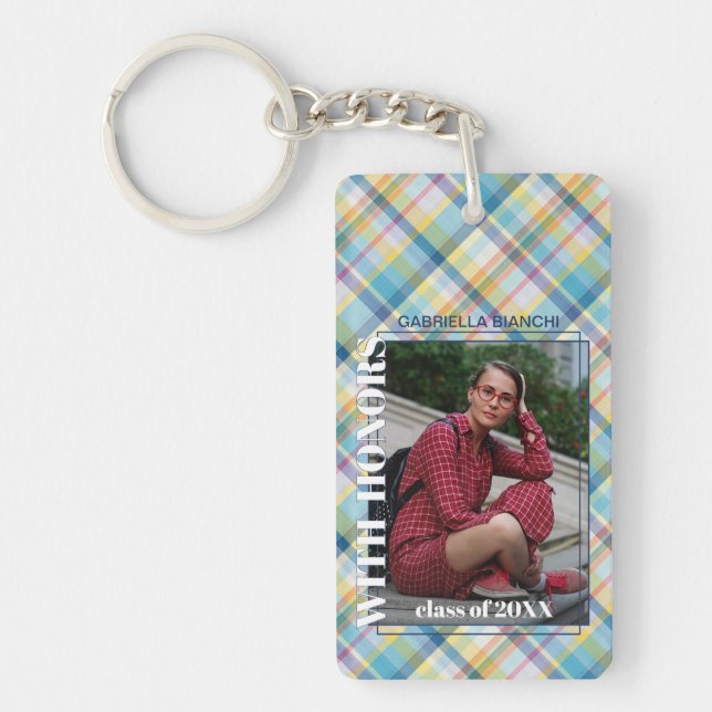 Custom Graduate Photo On Gingham Pattern Key Ring (Front)
