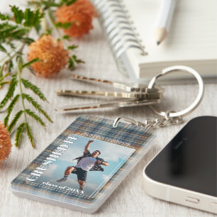 Custom Graduate Photo On Gingham Pattern Keychain