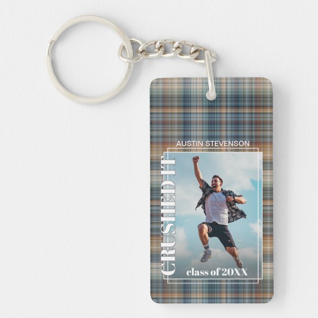 Custom Graduate Photo On Gingham Pattern Keychain (Front)