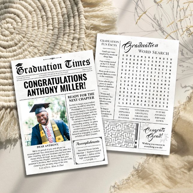 Custom Graduation Announcement Card Newspaper Card (Custom Graduation Newspaper, Graduation Announcement Card)