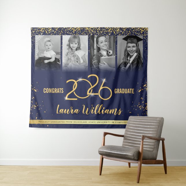 Custom Graduation Banner Photo Collage Blue Gold Tapestry (In Situ (Horizontal))