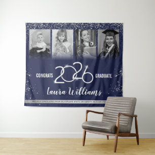 Custom Graduation Banner Photo Collage Blue Silver Tapestry