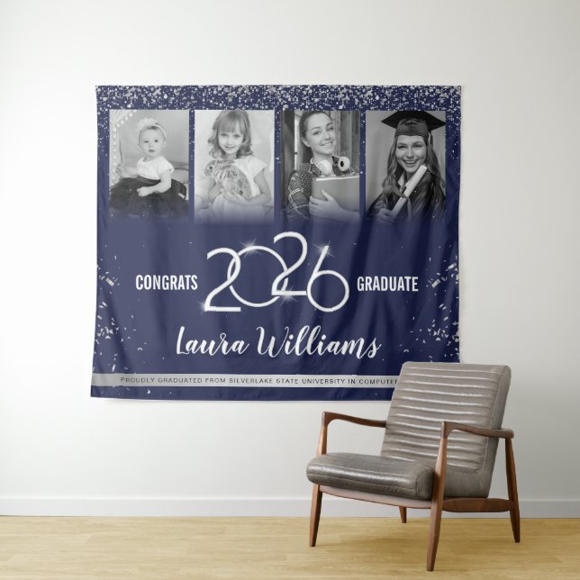 Custom Graduation Banner Photo Collage Blue Silver Tapestry (In Situ (Horizontal))