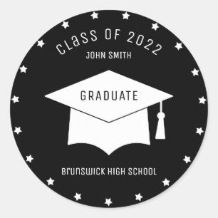 Custom Graduation Cap Year School Name Black White Classic Round Sticker