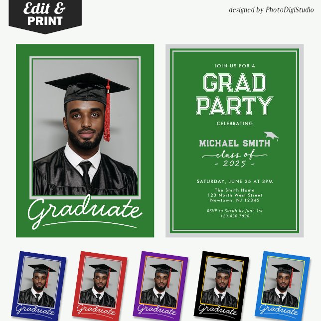 Custom Graduation Card, Classic Green Invitation (Custom Graduation Invitation Card | Green and White Classic Design for Graduation Party and Ceremony)