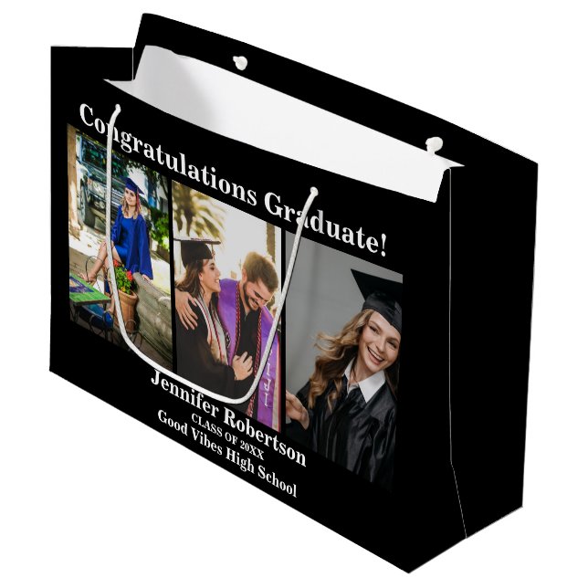 Custom Graduation Class of 3 Photo Collage Name  Large Gift Bag (Front Angled)