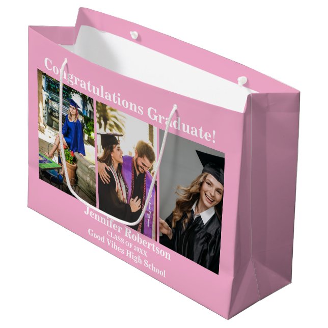 Custom Graduation Class of Photo Collage Name Pink Large Gift Bag (Front Angled)