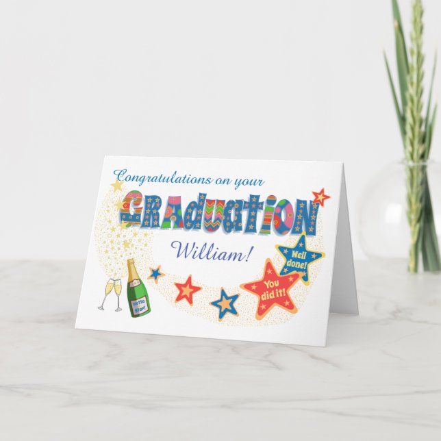 Custom Graduation Congrats Stars and  Champagne Card (Front)