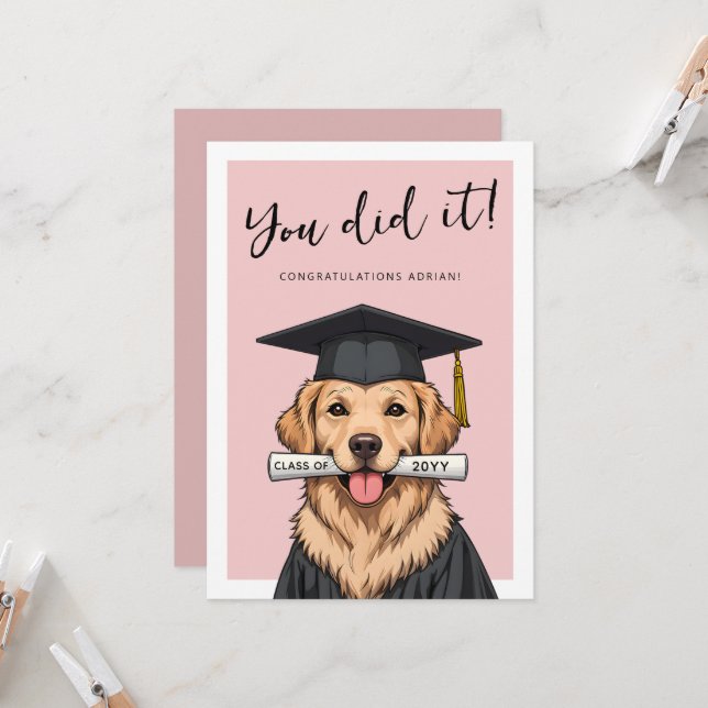 Custom Graduation Cute Golden Retriever Card (Front/Back In Situ)