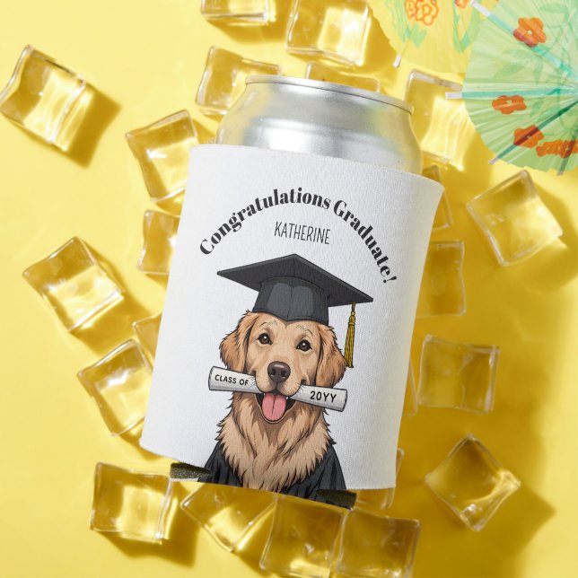 Custom Graduation Cute Golden Retriever Dog Can Cooler (In Situ Summer)