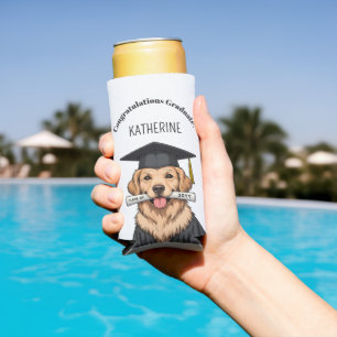 Custom Graduation Cute Golden Retriever Dog Seltzer Can Cooler