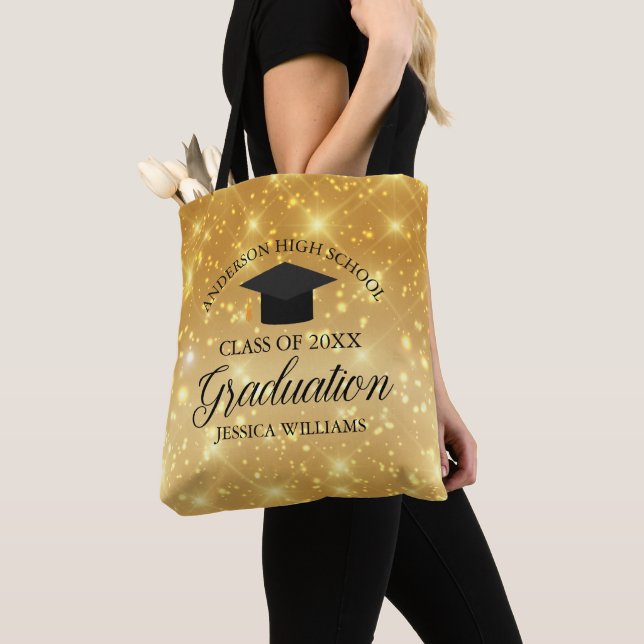 Custom Graduation Gold Sparkle Monogram Glam Tote Bag (Close Up)