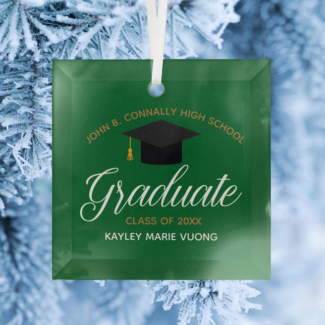 Custom Graduation Green Gold Graduate Christmas Glass Tree Decoration (Creator Uploaded)