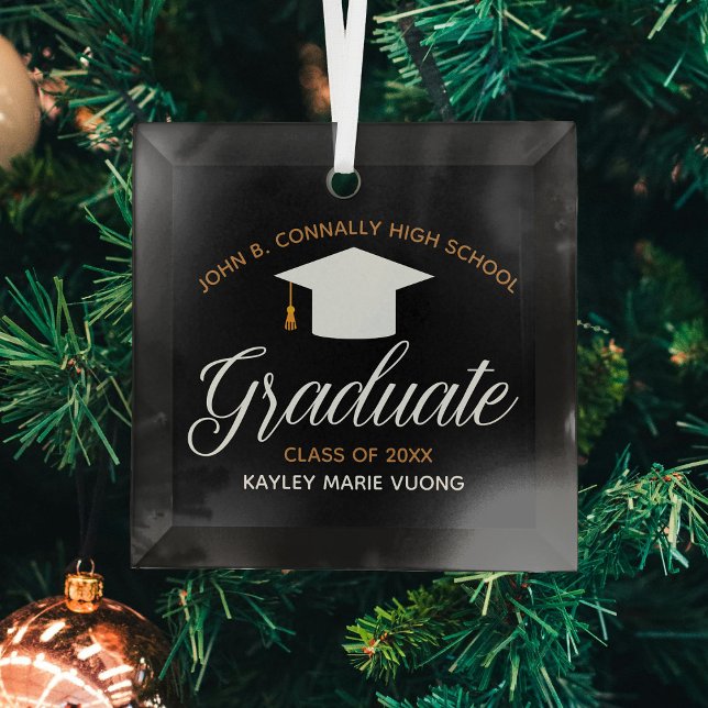 Custom Graduation High School Keepsake Black Gold Glass Tree Decoration (Creator Uploaded)