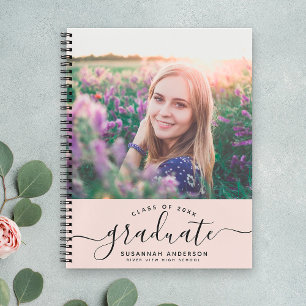 Custom Graduation Modern Blush Script Photo Guest Notebook