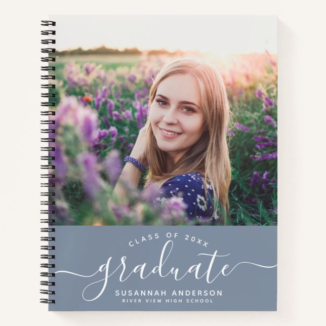 Custom Graduation Modern Dusty Blue Script Photo Notebook (Front)