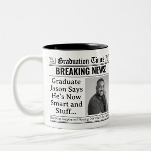 Custom Graduation Mug, Fun Personalised Newspaper Two-Tone Coffee Mug