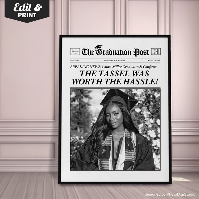 Custom Graduation Newspaper, Chic Graduation Party Poster (Custom Graduation Newspaper Print, Personalized Grad Gift, Fun Tassel Quote)