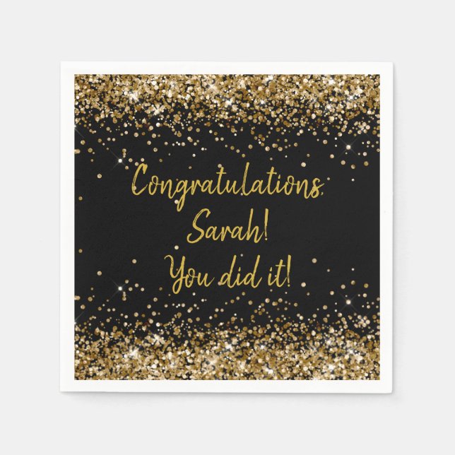 Custom Graduation Party Personalised Black & Gold Napkin (Front)