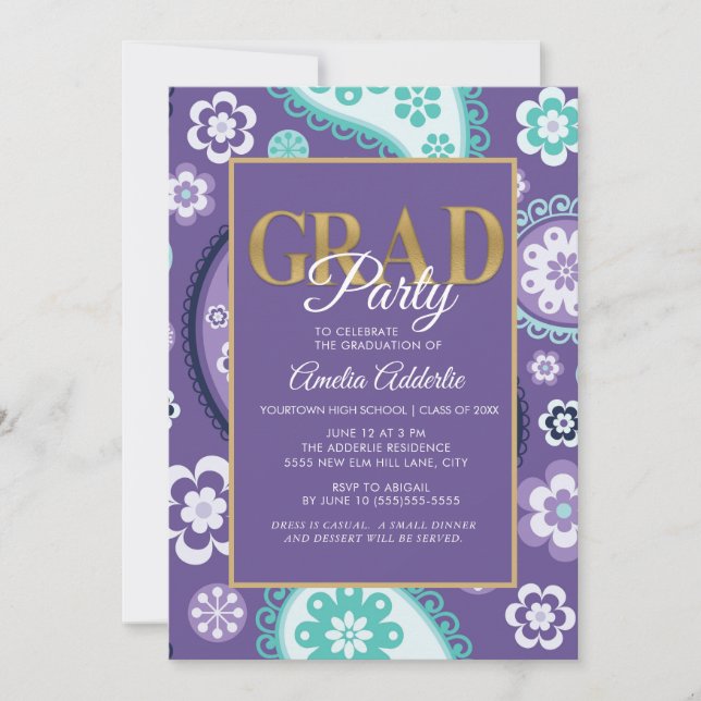 Custom Graduation Party Purple Teal Gold Paisley Invitation (Front)