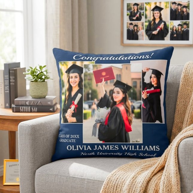 Custom Graduation Photo Collage Navy Blue Cushion (Creator Uploaded)