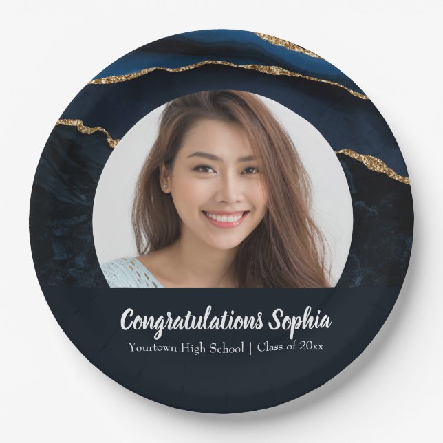 Custom Graduation Photo Marble Agate Blue Paper Plate (Front)