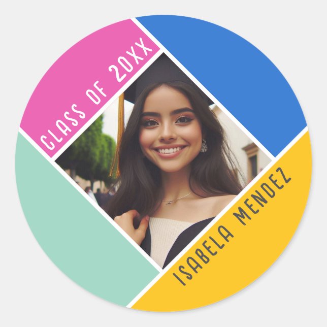 Custom Graduation Photo Name Class Whimsical Classic Round Sticker (Front)
