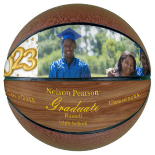 Custom Graduation Photos Gold Name Wood Basketball