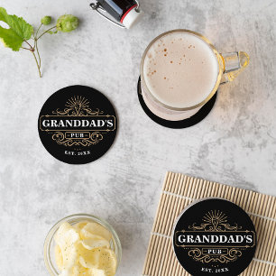 Custom Granddad's Pub Home Bar Year Established Round Paper Coaster