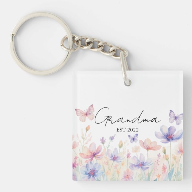 Custom Grandma Est. Year -  Flower and Butterfly  Key Ring (Front)