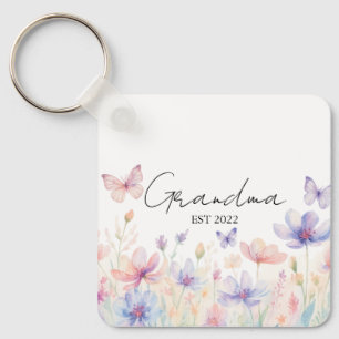 Custom Grandma Est. Year -  Flower and Butterfly  Key Ring