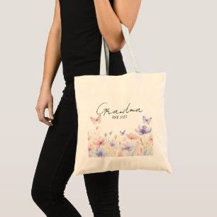 Custom Grandma Est. Year -  Flower and Butterfly  Tote Bag
