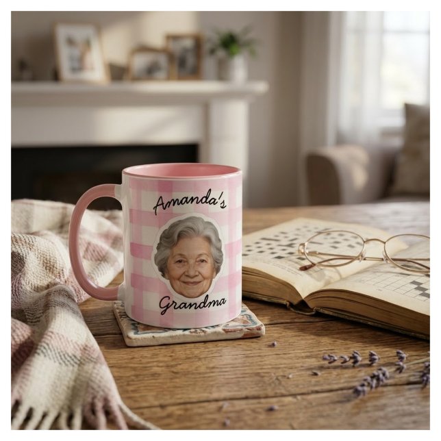 Custom Grandma Face Photo Pink Gingham Pattern Mug (Creator Uploaded)