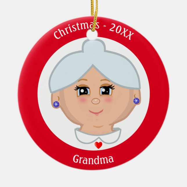 Custom Grandma Image on Red and White Ceramic Tree Decoration (Front)