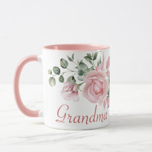 Custom Grandma Pink Roses Floral 4 Kids Names Mug