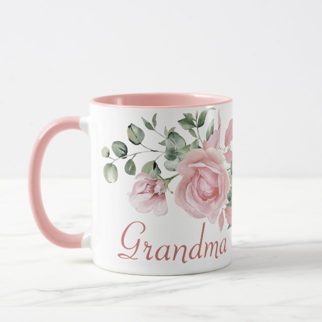 Custom Grandma Pink Roses Floral 4 Kids Names Mug (Left)