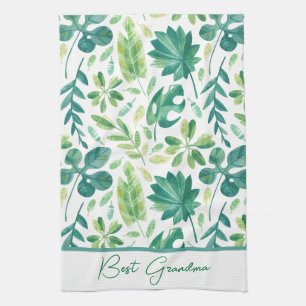 Custom Grandma Tropical Monstera Leaf Green Teal Tea Towel