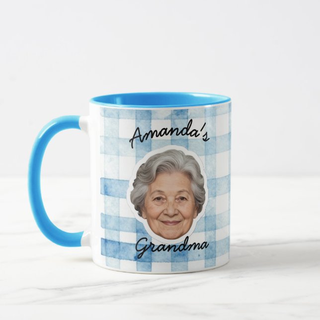 Custom Grandpa Face Photo Blue Gingham Pattern Mug (Left)