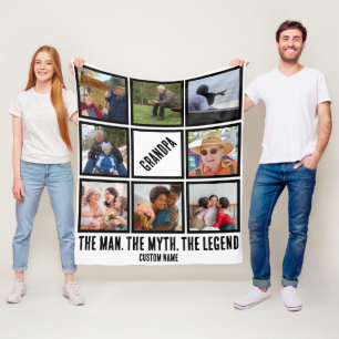 Custom Grandpa the man myth legend 8 Photo Collage Fleece Blanket