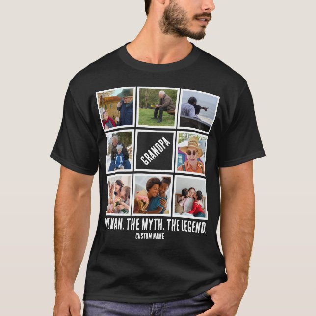 Custom Grandpa the man myth legend 8 Photo Collage T-Shirt (Front)