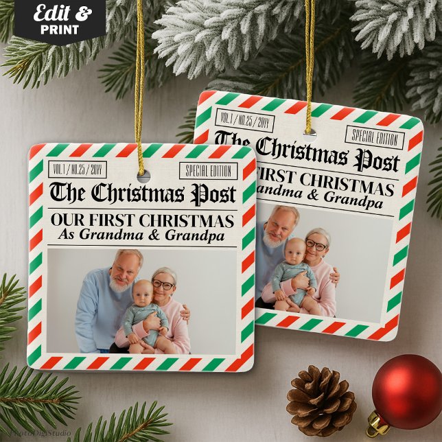 Custom Grandparents Our First Christmas Newspaper Ceramic Ornament (Custom Grandparents Our First Christmas Newspaper Ceramic Ornament)
