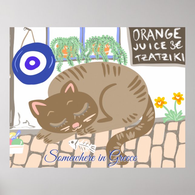 Custom Greek Taverna Cat Mediterranean Scene Poster (Front)