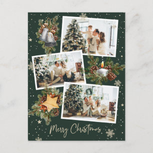 Custom Green 3 Photo Collage Merry Christmas Postcard