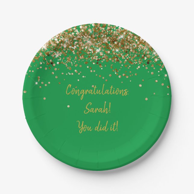 Custom Green and Gold Graduation Party Glitter Paper Plate (Front)