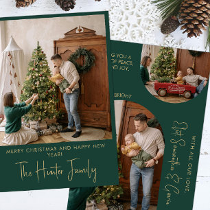 Custom Green And Gold Minimalist Arch Family Photo Holiday Card