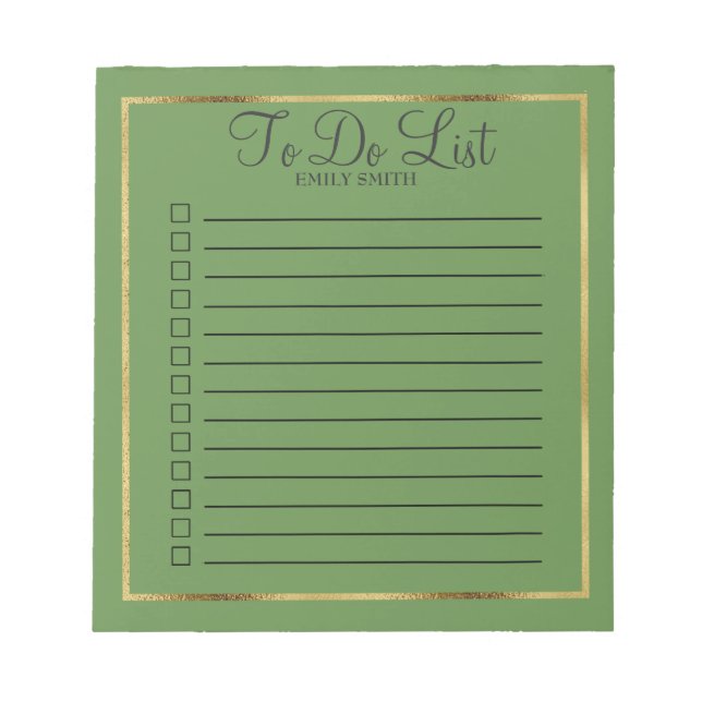 Custom Green and Gold To Do Notepad (Front)
